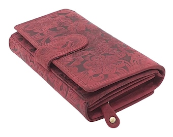 Women's wallet or purse made of real buffalo leather compact with many credit card slots in burgundy color