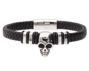 Braided genuine leather bracelet with skull and magnetic clasp for men