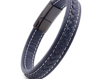 Braided men's bracelet in genuine leather in blue color with magnetic closure made of stainless steel