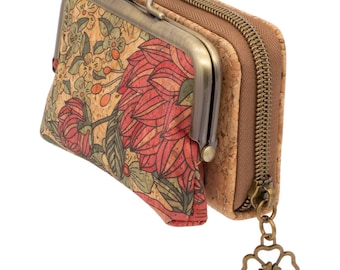 Vegan small credit card case, wallet, purse made of cork, compact, with many credit card compartments for women and girls (PM 40444)