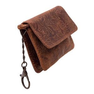 Key case buffalo leather floral small key case wallet with 2 key chains with snap fastener and zipper