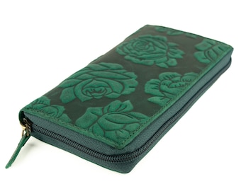 Real buffalo leather floral compact zip wallet purse or purse with many credit card slots in green-blue color