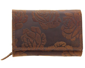 Women's wallet and purse made of genuine buffalo leather with rose embossing, compact with many special compartments for credit cards in brown