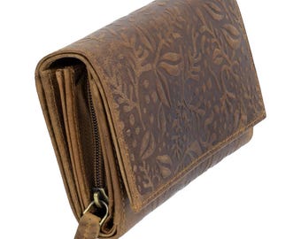RFID Women's Wallet Genuine Leather Brown – 12 Card Slots, 3 Bill Compartments, Vintage Embossing, 15×10×4 cm