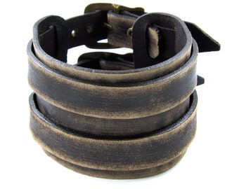 Men's Bracelet Genuine Leather Antique Brown Adjustable from 18.0 to 22.0 cm Wide: 50 mm.