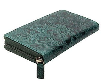 Genuine buffalo leather floral compact zip wallet purse or purse with extra many credit card slots in green-blue color