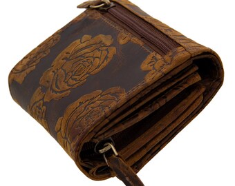 Women's wallet and purse made of genuine buffalo leather with rose embossing, compact with many special compartments for credit cards in brown