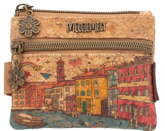Vegan mini cork wallet with Venice motif & flower pendant – sustainable, colorful, and ideal for everyday use