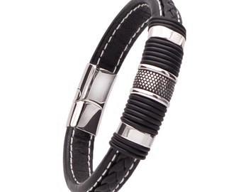 Men's Jewelry Braided genuine leather Men's bracelet with stainless steel and magnetic closure