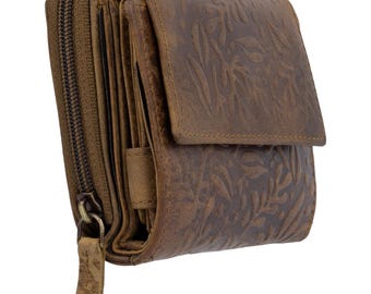 Compact RFID women's wallet made of genuine leather, vintage brown – 12 card slots, 2 coin compartments, 3 photo slots