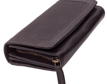 Women's wallets or purses made of genuine leather with RFID protection, large and compact with many credit card slots