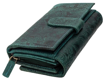 Women's wallets and purses or billfolds with RFID protection made of genuine buffalo leather. Compact with a particularly large number of credit card slots.