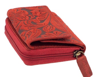 Mini wallet made of genuine buffalo leather with engraved flowers in red color