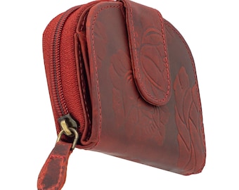 Wallet or purse with RFID protection made of genuine buffalo leather embossed with roses in semicircular shape in terracotta color