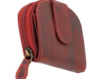 Wallet or purse with RFID protection made of genuine buffalo leather embossed with roses in a semicircular shape in terracotta color