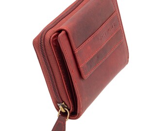 Compact wallet purse or purse made of genuine leather with RFID protection and many card slots in red wine color