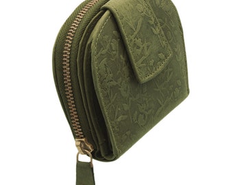 Wallet with RFID protection and compact made of genuine leather embossed with flowers in semi-circular shape for women and girls in green color
