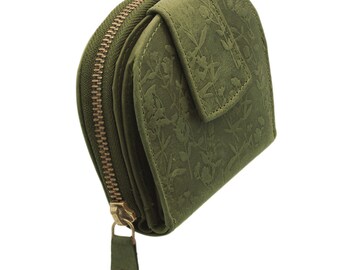 Wallet with RFID protection and compact made of genuine leather embossed with flowers in semicircular shape for women and girls in green color