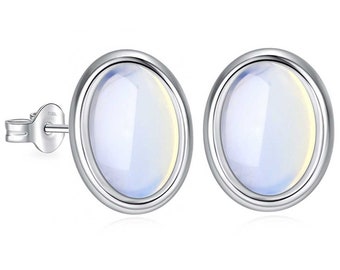 Studs 925 Sterling Silver with Rainbow Oval Moonstone Gemstone for Women and Girls