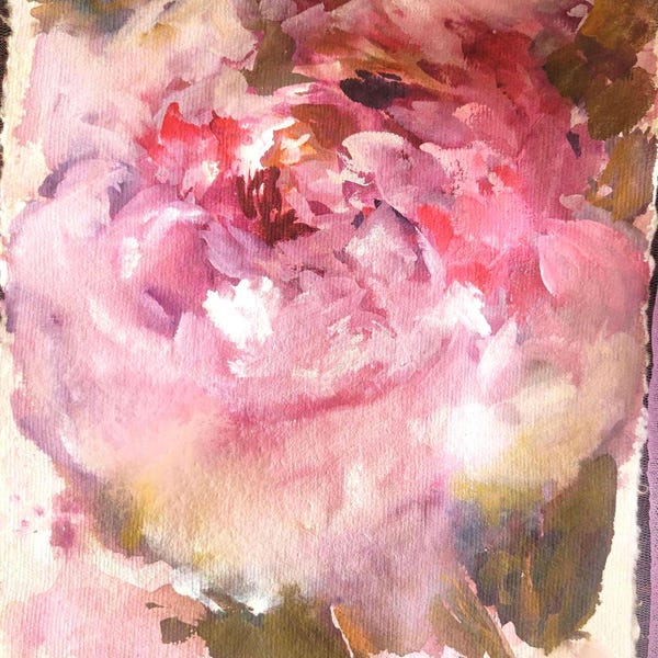 Pintura de acuarela de peonía rosa / Arte floral cottagecore (11x9) / Obra de arte floral única
