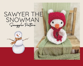 May include: A crocheted snowman toy named Sawyer, wearing a red hat with white pom-poms and a red scarf, sitting on a wooden chair. The text "Sawyer the Snowman Snuggler Pattern" is visible in the image.
