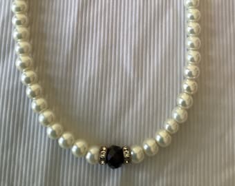 PEARL NECKLACE 18 inches with black crystal and rhinestone with magnetic clasp - also available in 16 inch length