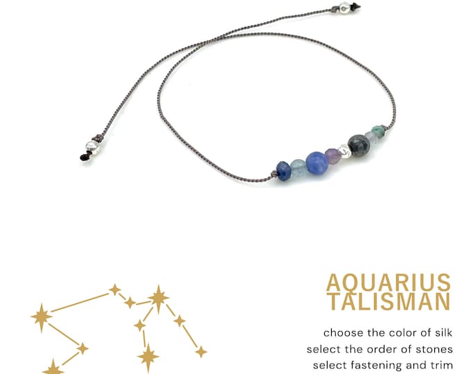 Aquarius Zodiac Sign Bracelet, Astrology crystals, Gemstone collection, Personalized Zodiak talisman, Adjustable Silk Cord String Bracelet
