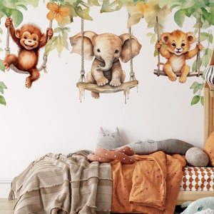 Décalcomanies murales bohèmes pour chambre de fille et de garçon, Sticker mural Animaux, Lion Éléphant Singe image 1