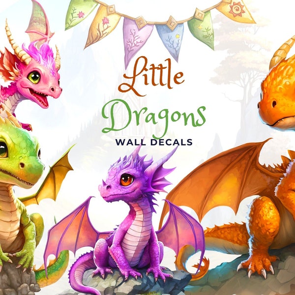 Sticker mural dragon pour enfants - Art mural bébés dragons - Sticker mural chambre d'enfant pour garçons
