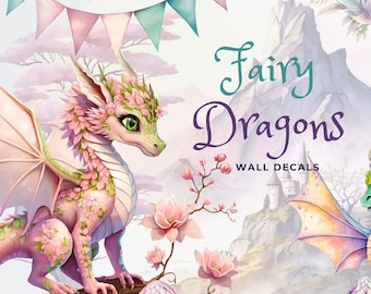 Puede incluir: Un conjunto de cuatro calcomanías de pared de dragones de hadas. Los dragones son de color rosa, verde y morado con detalles florales. Las calcomanías están rodeadas de flores y huevos. El texto "Fairy Dragons Wall Decals" está en la parte superior de la imagen.