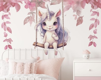 Sticker mural chambre de fille - Sticker mural licorne - Stickers muraux roses - Déco murale fée pour fille