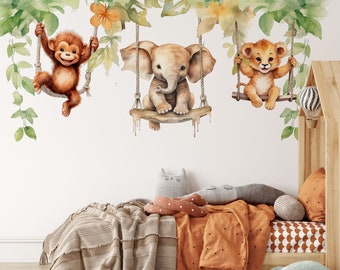 Boho-Kinderzimmer-Wandaufkleber für Mädchen- und Jungenzimmer, Wandaufkleber mit Tieren, Löwe – Elefant – Affe