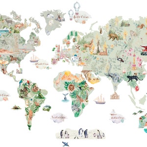 Décalcomanie murale carte du monde animal - Décoration de chambre bohème neutre