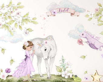 Calcomanía de pared de princesa - Guardería para niñas - Pelar y pegar - Etiqueta de pared femenina - Decoración de unicornio para habitación de niñas