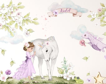 Einhorn Prinzessin Wandtattoo - Kinderzimmer Einhorn - Schälen und Aufkleben - Einhorn Wandaufkleber - für Mädchenzimmer