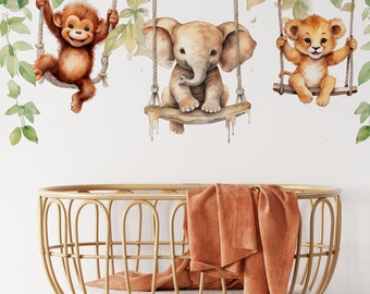 Safari Animals on Swings Wall Decals: Jungle Nursery Decor