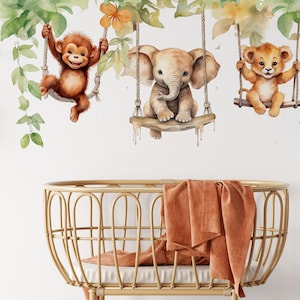 Stickers muraux pour chambre d'enfants Animaux sur balançoires Stickers muraux Safari Déco pour chambre d'enfant dans la jungle image 1