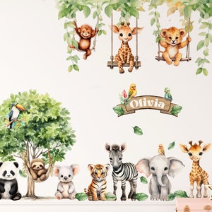 Decalcomanie da muro XXL con animali del safari Animali della giungla su un'altalena Animali dello zoo Adesivi da parete per la cameretta dei bambini Decorazione per la sala giochi immagine 1