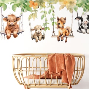 Adesivi murali con animali da fattoria - Adesivi murali con animali sull'altalena - Adesivi murali per bambini - Decorazioni per camerette in stile fattoria