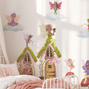 Grillige feeën muurstickers – aquarel meisjes stickers voor kinderkamer – paddenstoelhuizen, koets, naam, hoogtetabel – roze kinderkamerdecoratie