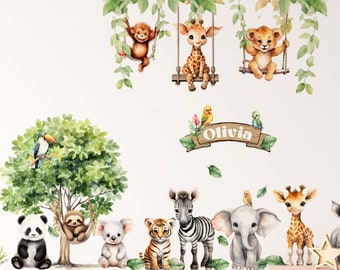 Decalcomanie da muro XXL con animali del safari – Animali della giungla su un'altalena – Animali dello zoo – Adesivi da parete per la cameretta dei bambini – Decorazione per la sala giochi