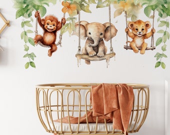 Pegatinas de pared para habitación de niños, animales en columpios, pegatinas de pared de Safari, decoración de guardería en la selva