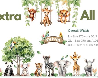 Pegatinas de pared de la gran jungla - Animales de safari en columpios - Calcomanía para sala de juegos y guardería para niños