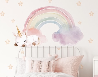 Pegatinas de guardería Unicornio - Calcomanía de pared de arco iris pastel - Arte de pared de arco iris boho - Calcomanía de pared de acuarela de arco iris