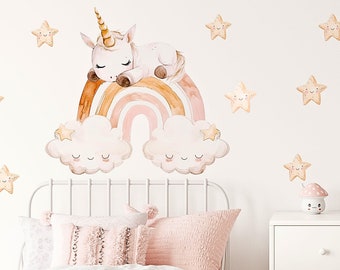 Slapende eenhoorn muursticker - meisjesslaapkamerdecoratie - Boho kinderkamer muursticker voor een meisje