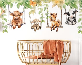 Stickers muraux animaux de la ferme - Sticker mural animaux sur la balançoire - Sticker mural pour enfants - Déco de chambre de ferme