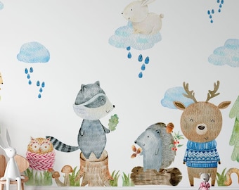 Woodland animal nursery wall decals with rain clouds - Forest Nursery Decor