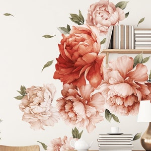 Watercolor Peony Wall Decal Set: Floral Room Decor, 48 Piece