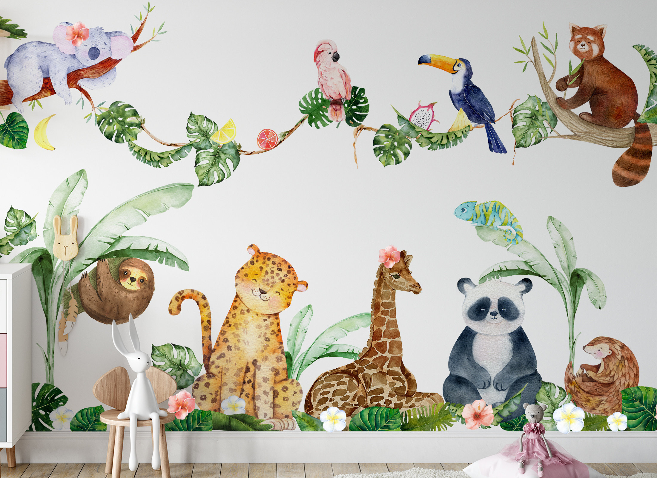 Safari Animal Nursery Wallpaper Border Wall Art Decals Jungle Stickers Kids Room 