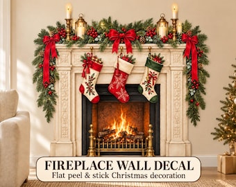 Christmas Fireplace Wall Decal, Life-Size Peel and Stick Vinyl Sticker, Festive Mantel with Stockings, 160 x 150 cm